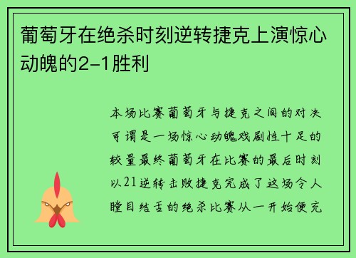葡萄牙在绝杀时刻逆转捷克上演惊心动魄的2-1胜利
